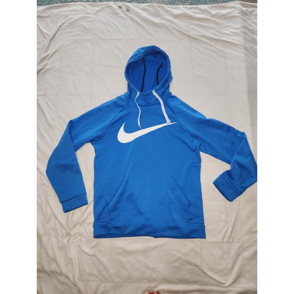 Blue Nike Dri-FIT hoodie with white Swoosh logo acroas chest. Mens Small